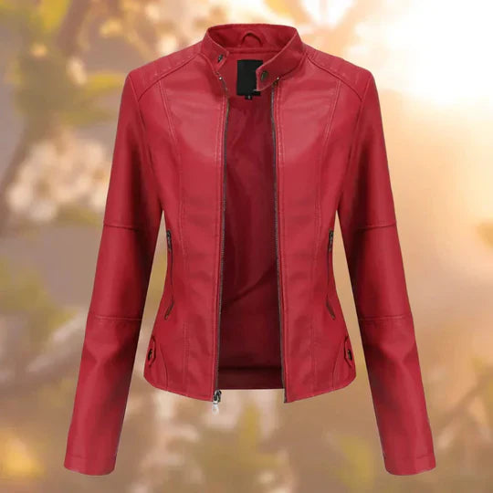 Women's Leather Jacket with Stand-Up Collar and Metallic Hardware
