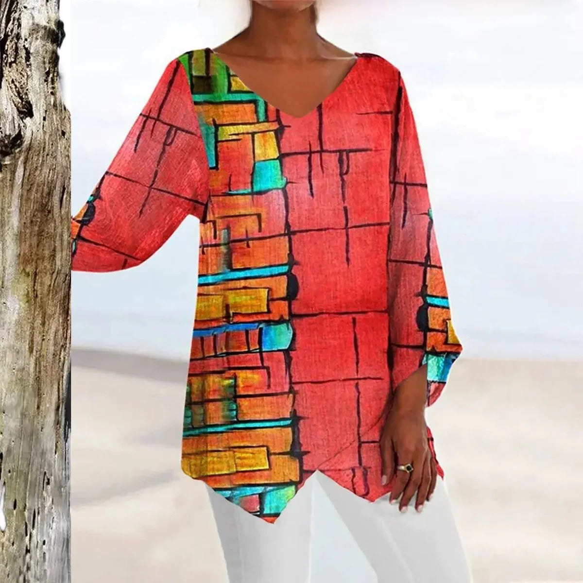 V-Neck Top with Defined Waist and Vintage Styling, Machine Washable