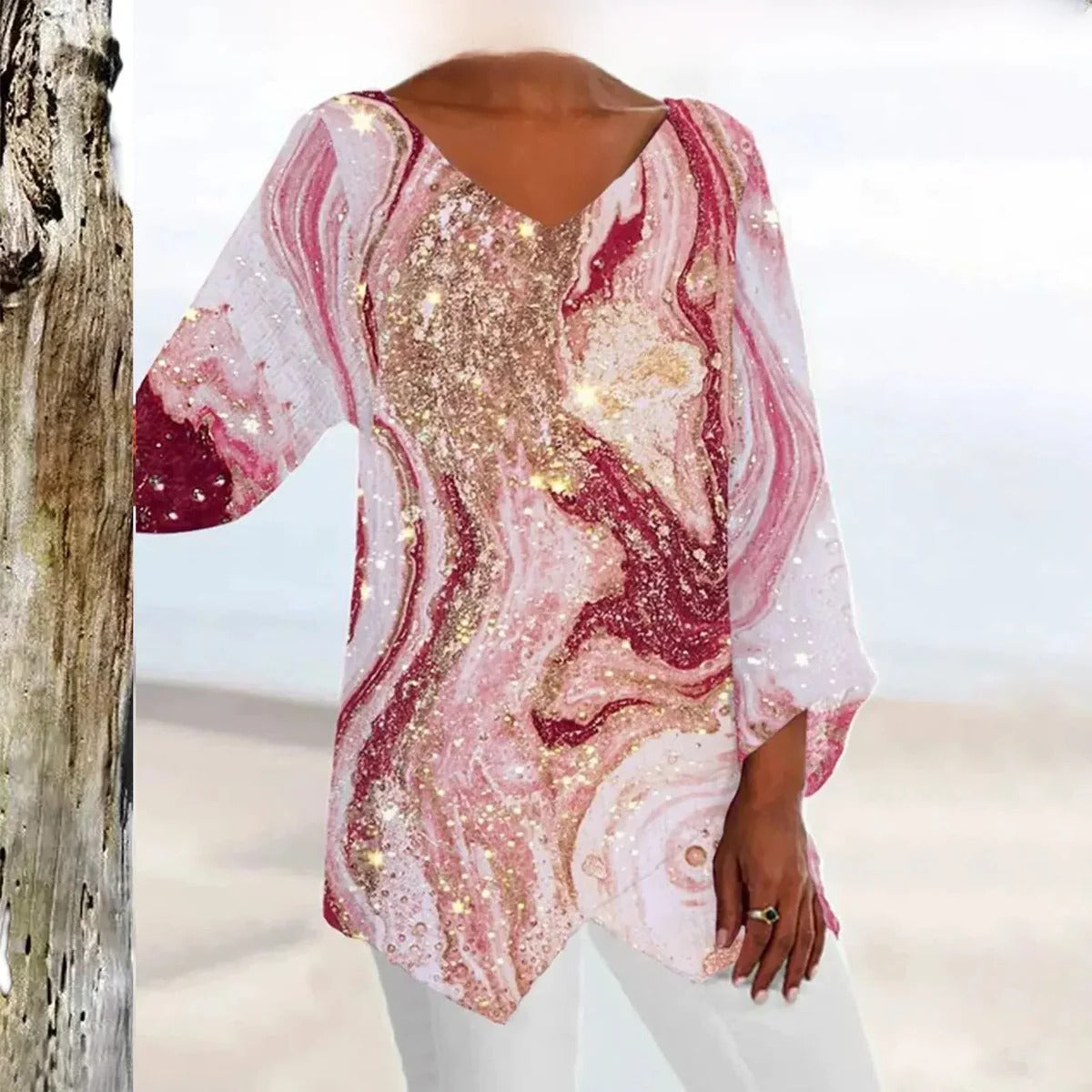 V-Neck Top with Defined Waist and Vintage Styling, Machine Washable