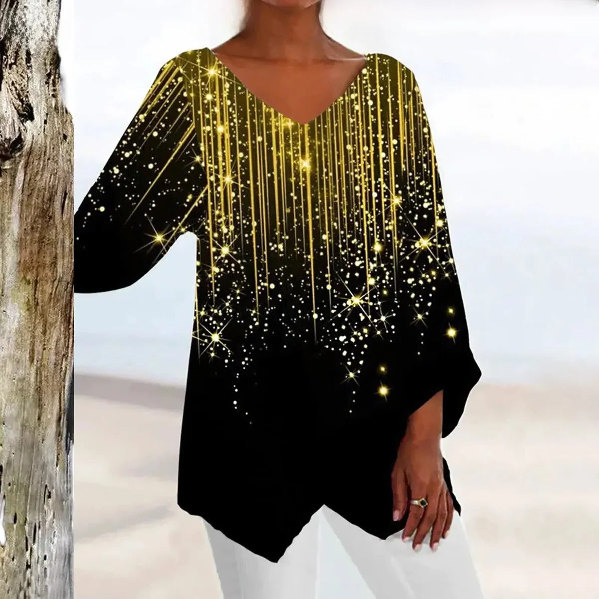 V-Neck Top with Defined Waist and Vintage Styling, Machine Washable