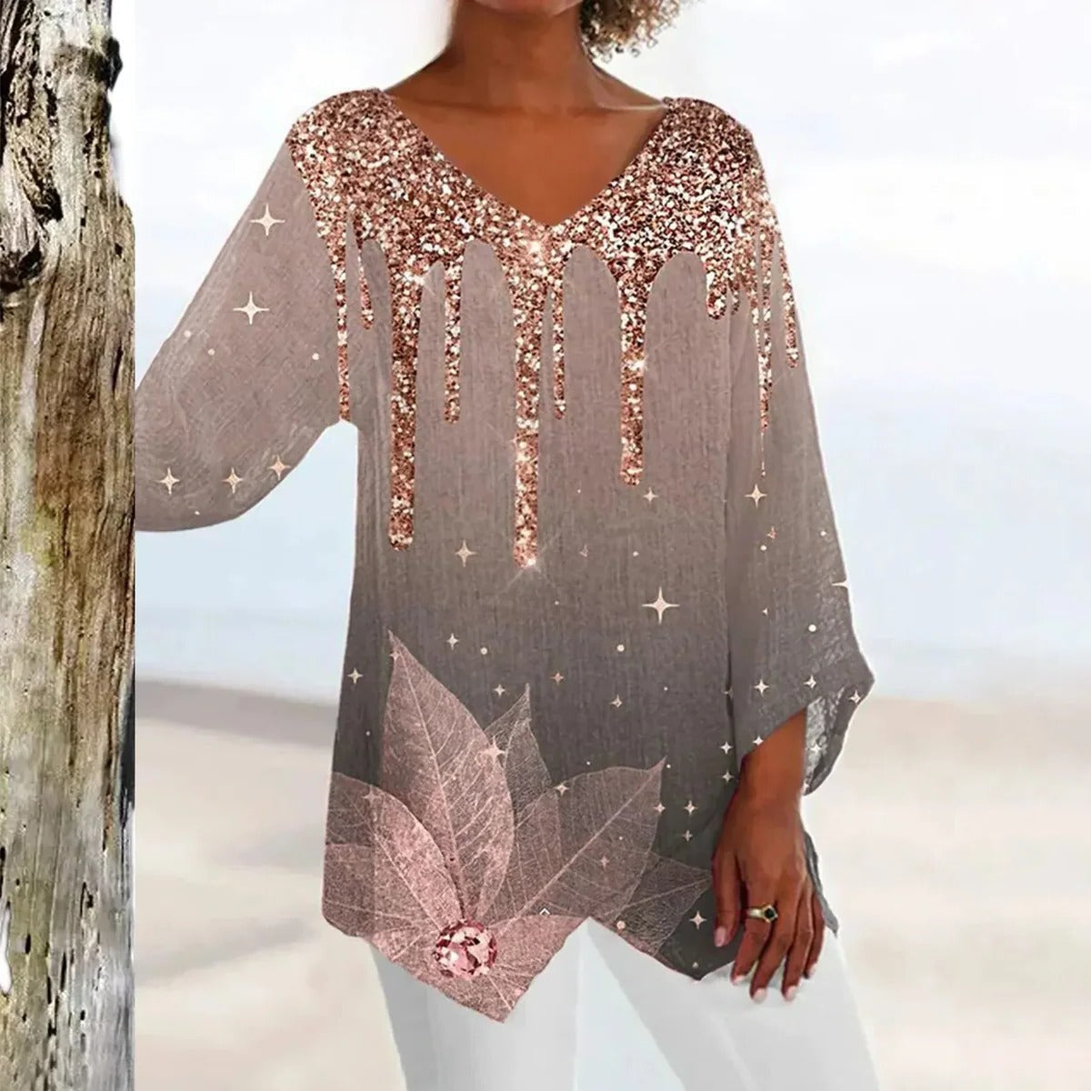 V-Neck Top with Defined Waist and Vintage Styling, Machine Washable