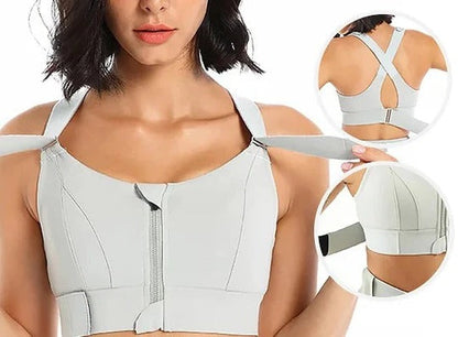 Women's High Support Sports Bra with Front Zipper and Adjustable Straps