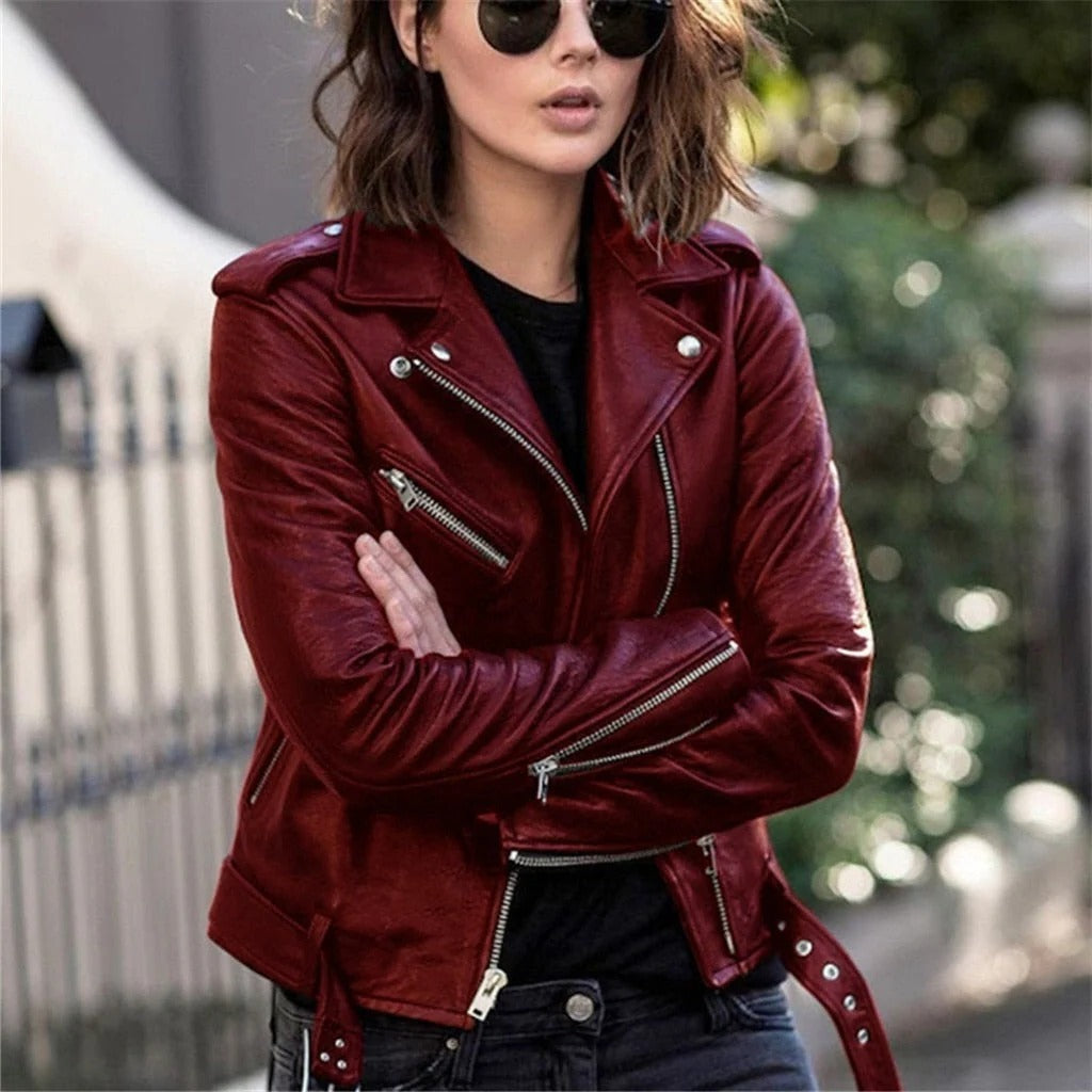 Motorcycle Jacket with Slanted Front Zipper and Snap Collar, Multiple Zippered Pockets