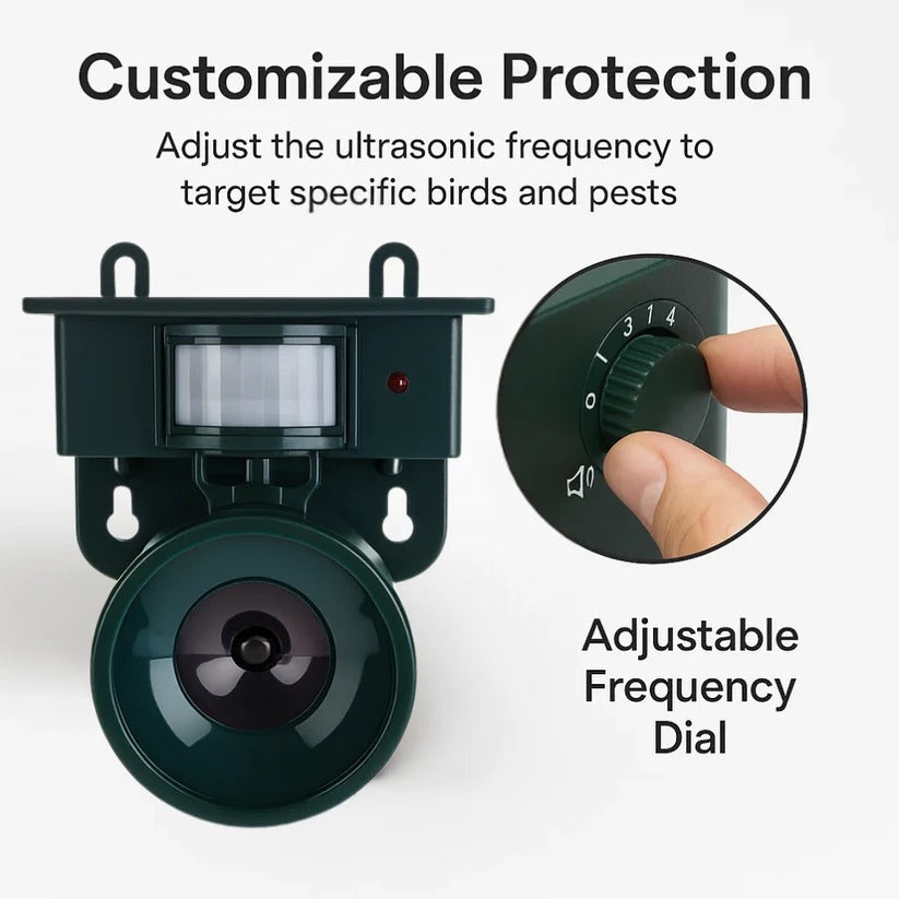 Motion Sensor Bird Repeller with Solar Panel and Adjustable Sound, Weather Resistant