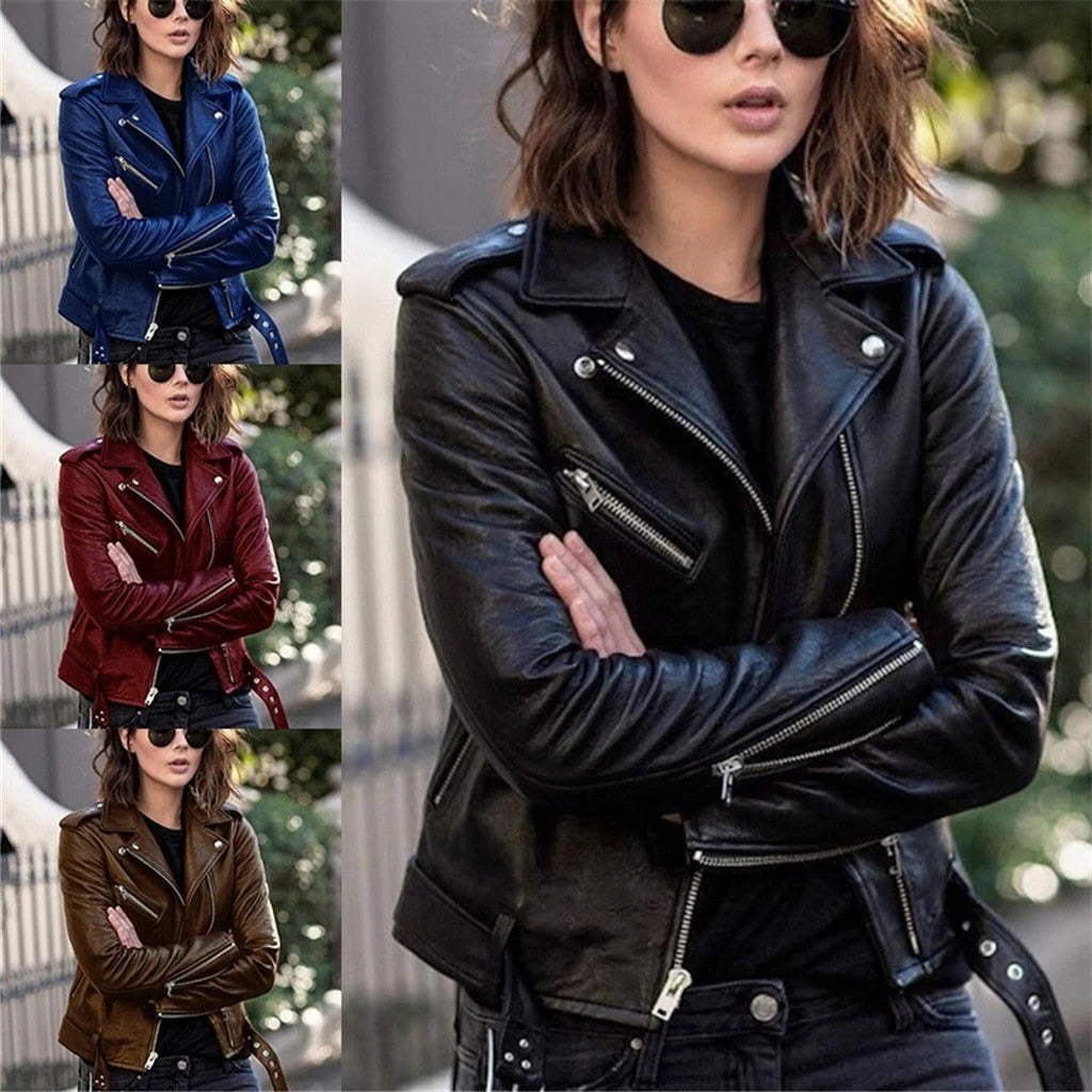 Motorcycle Jacket with Slanted Front Zipper and Snap Collar, Multiple Zippered Pockets