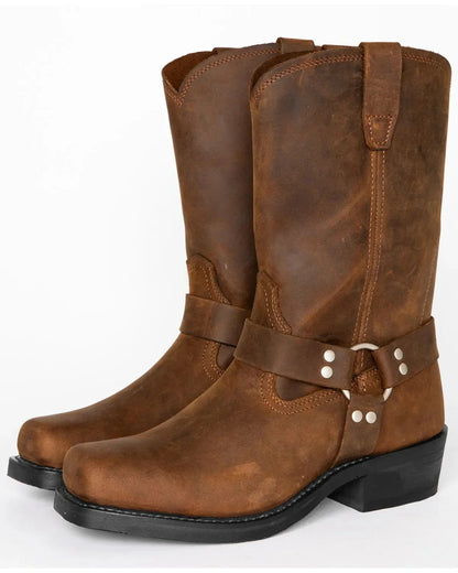 Men's 11 Inch Slip On Harness Boots with Silver Rivets and Non Slip Sole