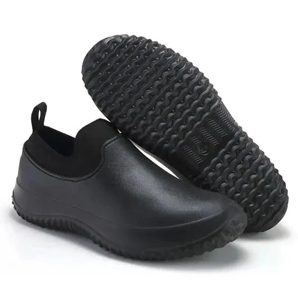 Slip-On Work Shoes with Water-Blocking Exterior and Non-Slip Tread