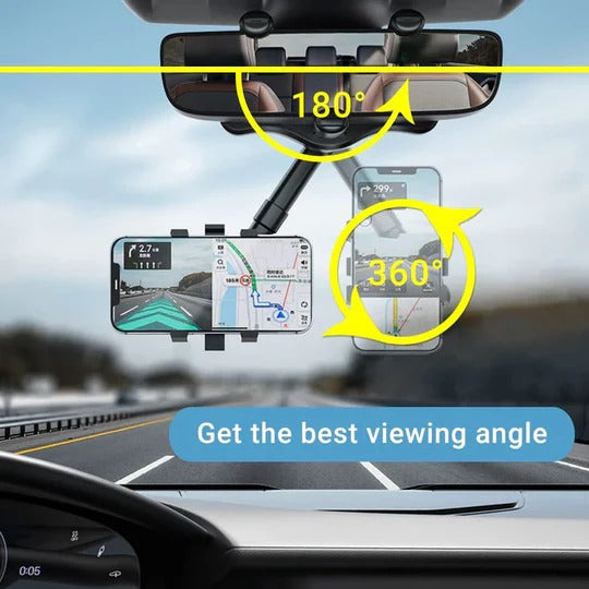 Rear View Mirror Phone Holder with 360 Degree Rotation and Retractable Arm Extension