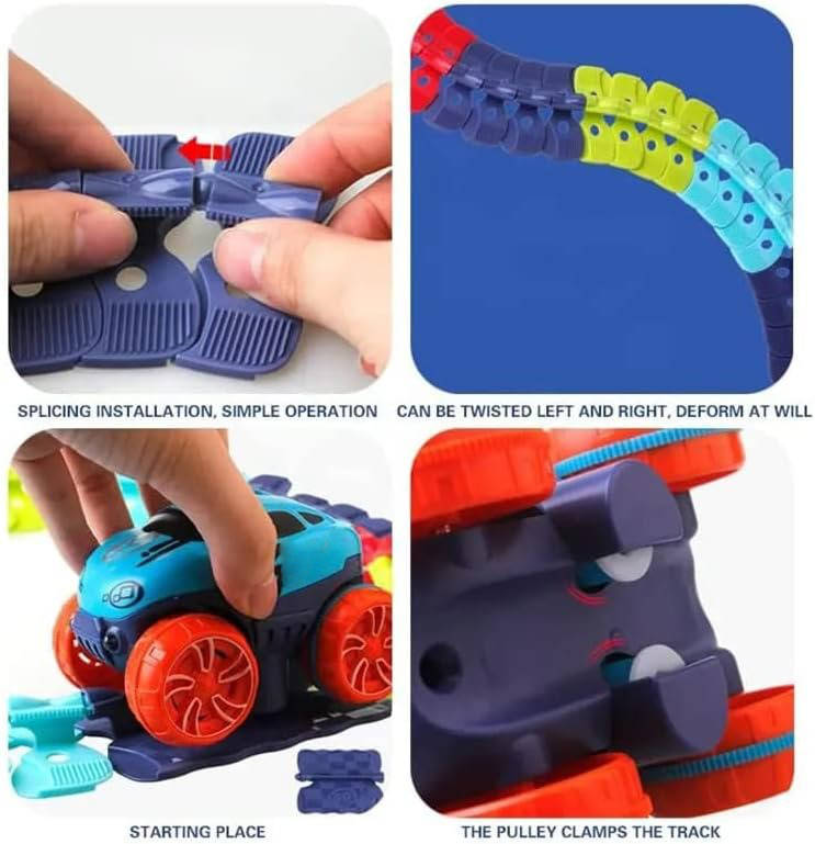 Glow in the Dark Flexible Race Track Set with Snap Together Pieces and a Detachable Body Car in 92 or 184 Pieces