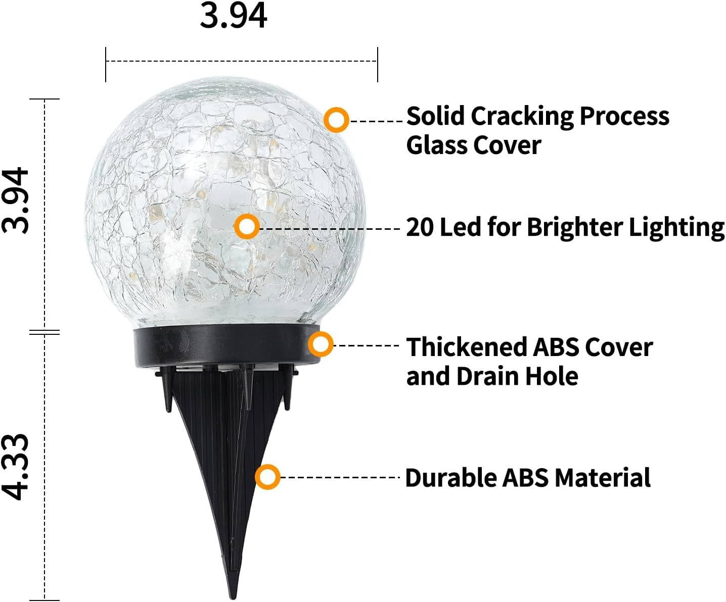 Solar Globe Pathway Lights with Cracked Glass and Automatic Dusk Sensor, 2 Pack