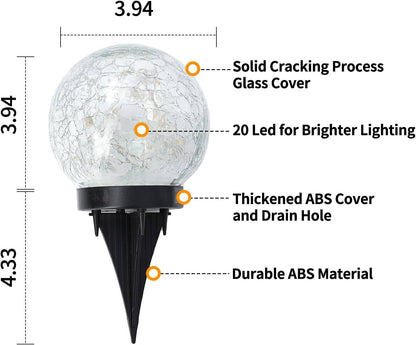 Solar Globe Pathway Lights with Cracked Glass and Automatic Dusk Sensor, 2 Pack