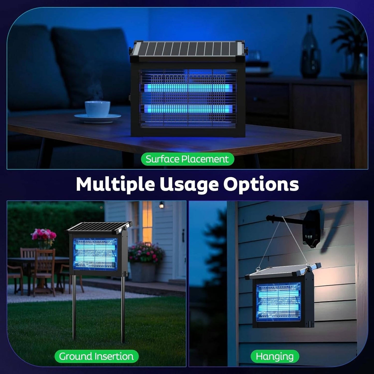Solar Mosquito Zapper with Dual LED Bulbs and 4500 Volt Electric Grid for 3500 Sq.ft