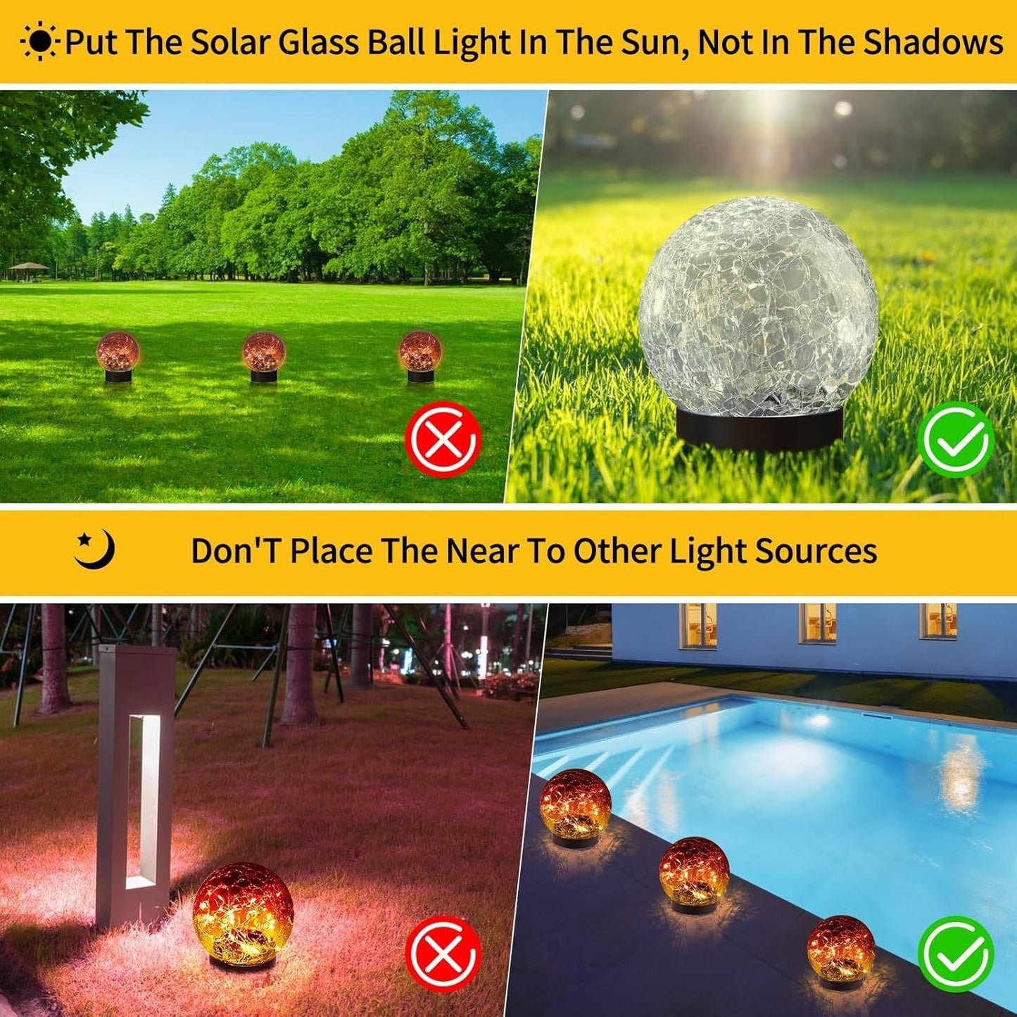 Solar Globe Pathway Lights with Cracked Glass and Automatic Dusk Sensor, 2 Pack