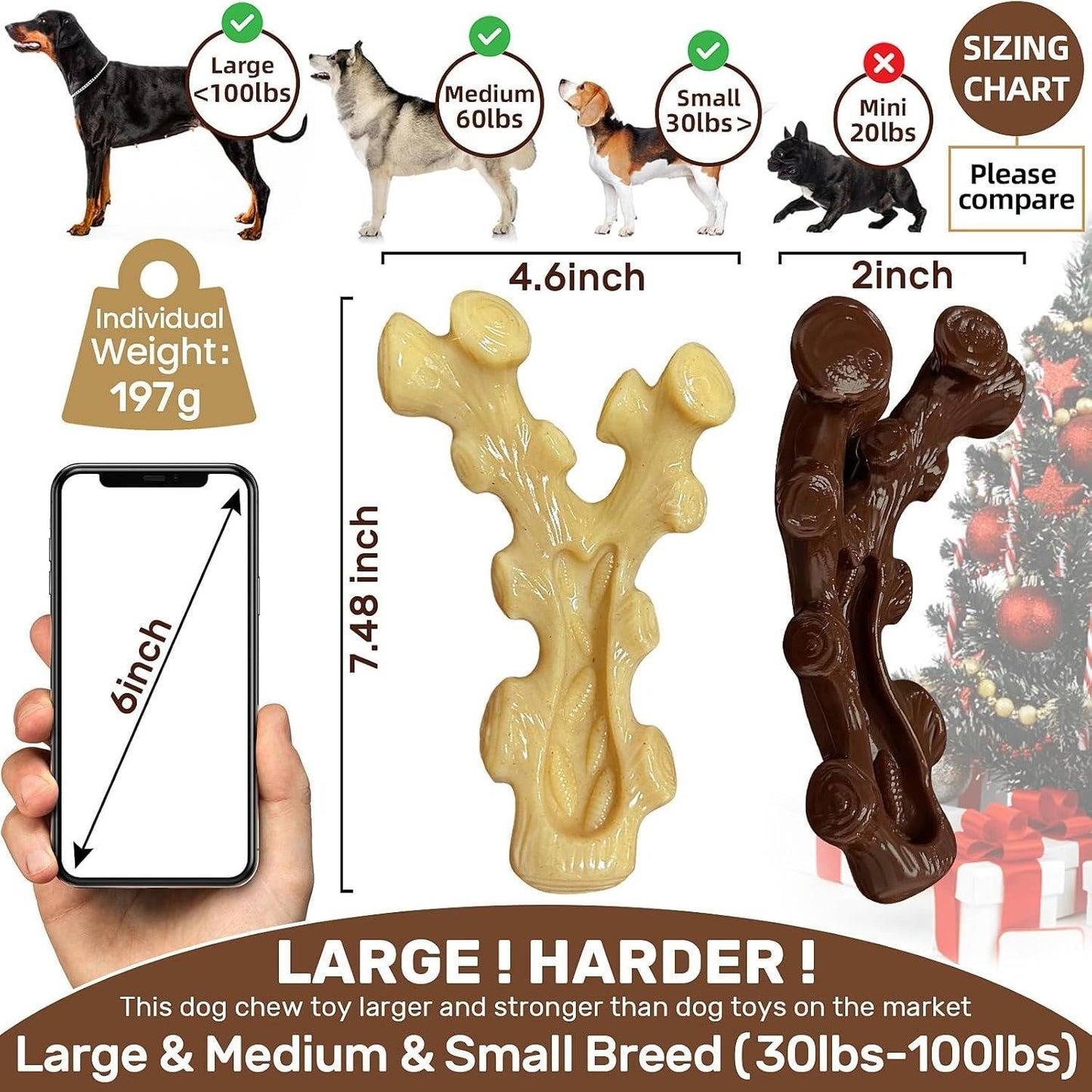 Nylon Dog Chew Toys with Tree Fork Design and Bacon Maple Scent, 2 Pack Medium Large