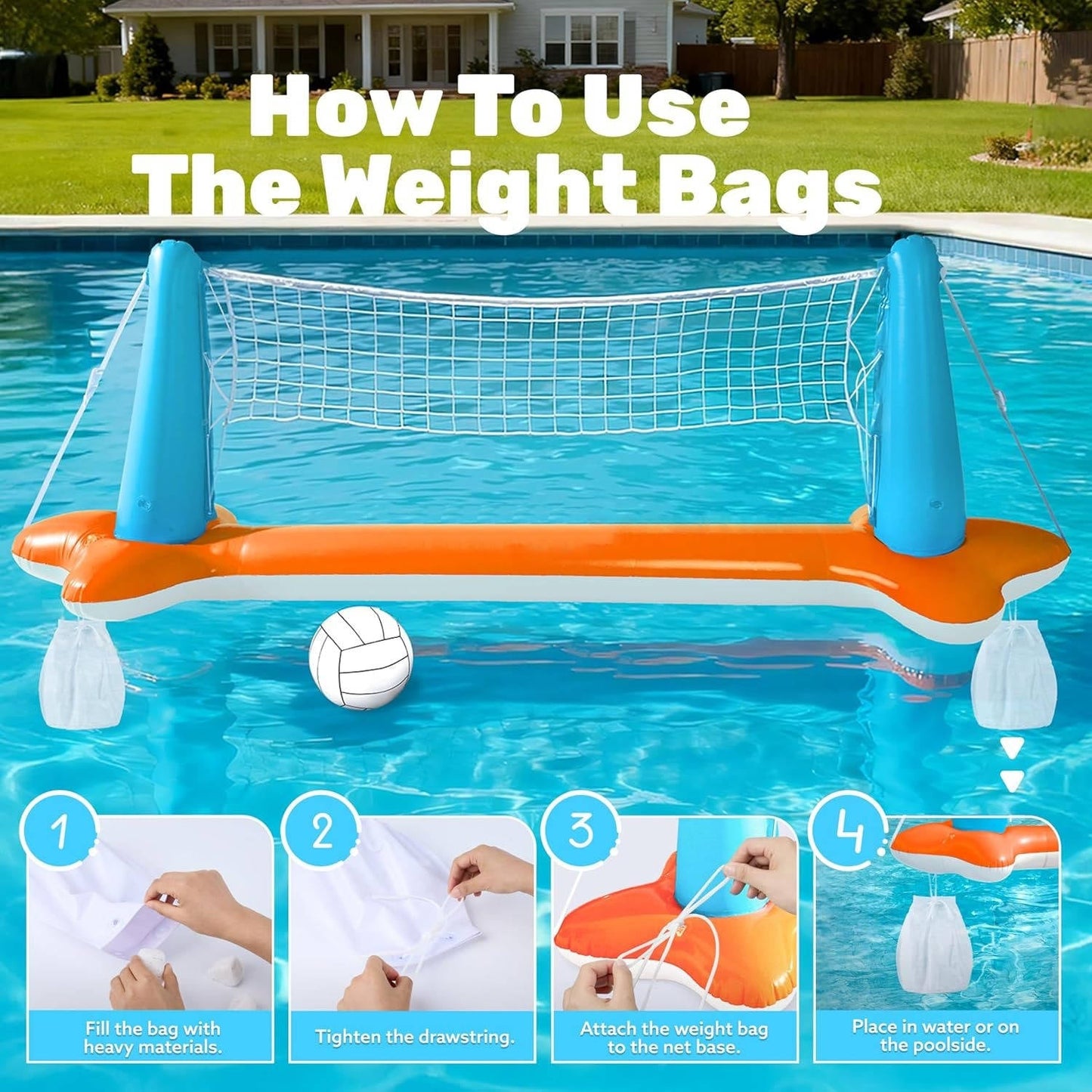 Pool Volleyball and Basketball Net with Fillable Anchor Bags, Complete Game Set