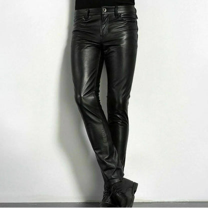 Black Faux Leather Pants with Spandex Stretch and Zipper Fly, Slim Fit Ankle Length
