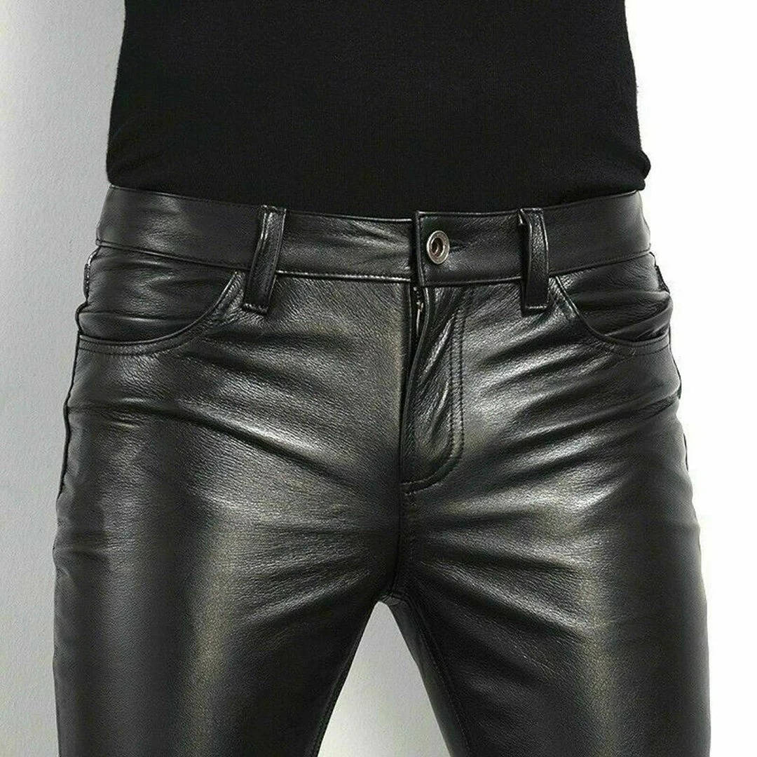 Black Faux Leather Pants with Spandex Stretch and Zipper Fly, Slim Fit Ankle Length