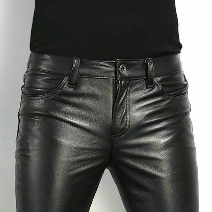 Black Faux Leather Pants with Spandex Stretch and Zipper Fly, Slim Fit Ankle Length
