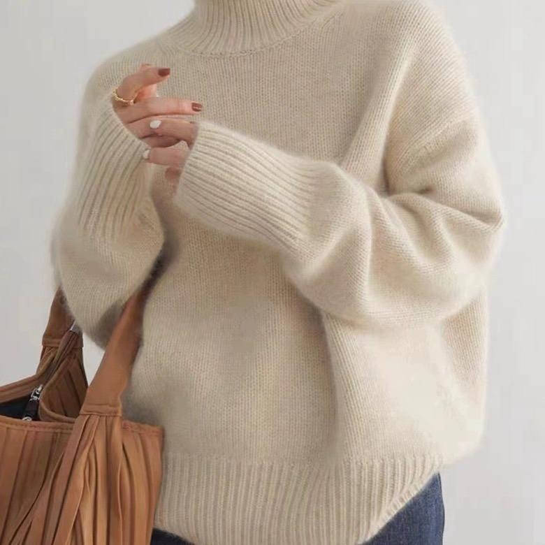 Women's Turtleneck Sweater with Stretch Knit and Full Length Sleeves, Loose Fit