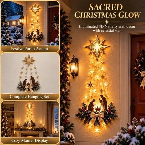 Nativity Wall Ornament with Warm White LED Lights and Evergreen Accents