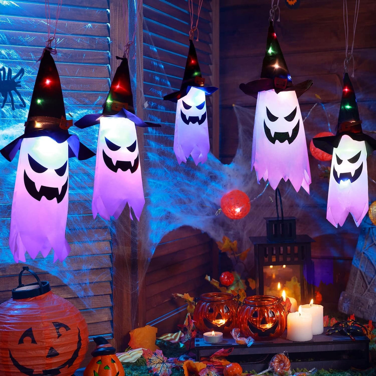 Multicolor Ghost String Lights with 5 Witch Hat Figures and 3 Flash Modes, 9.8 Feet