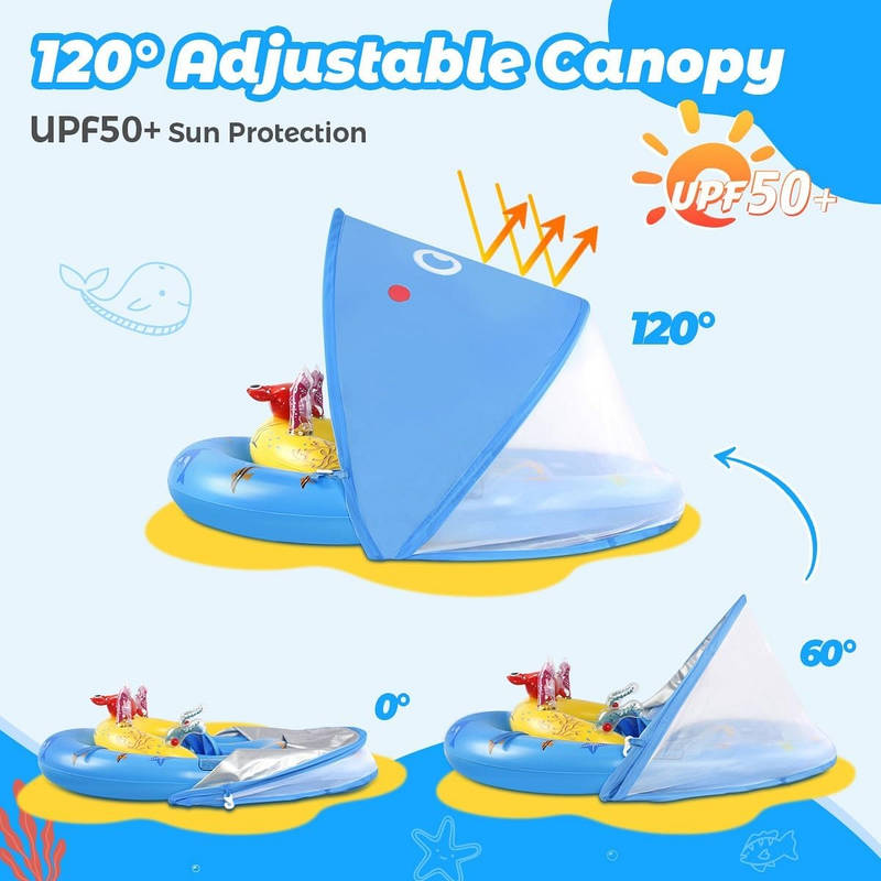 Infant Pool Float with Dual Air Chambers and Adjustable 4-Position Canopy, UPF 50 Sun Protection for 6-36 Months