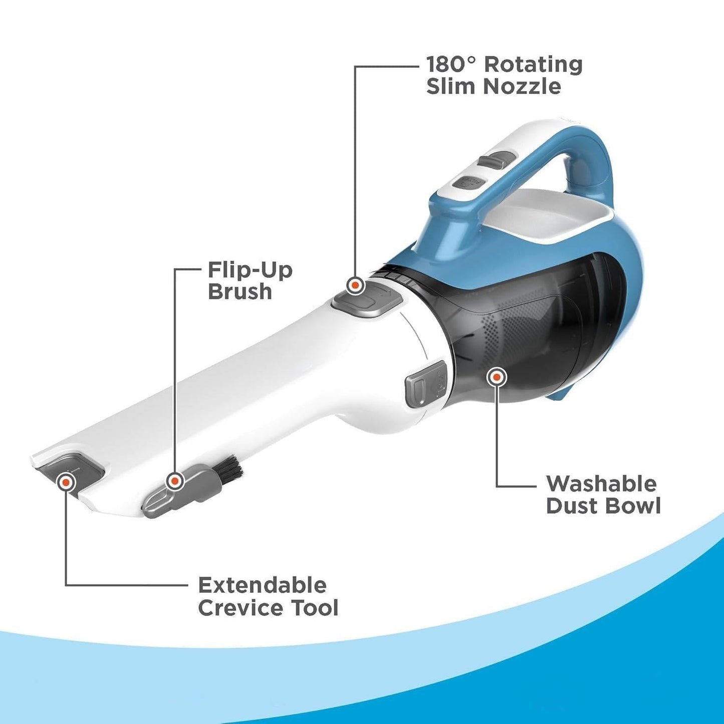 Handheld Vacuum Cleaner with 180-Degree Rotating Nozzle and Crevice Tool, Cordless 16V Battery