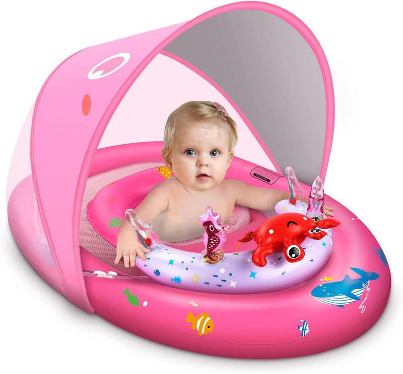 Infant Pool Float with Dual Air Chambers and Adjustable 4-Position Canopy, UPF 50 Sun Protection for 6-36 Months
