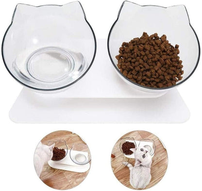Elevated Cat Bowl with 15 Degree Tilt and Dual Transparent Dishes, Anti Slip Base