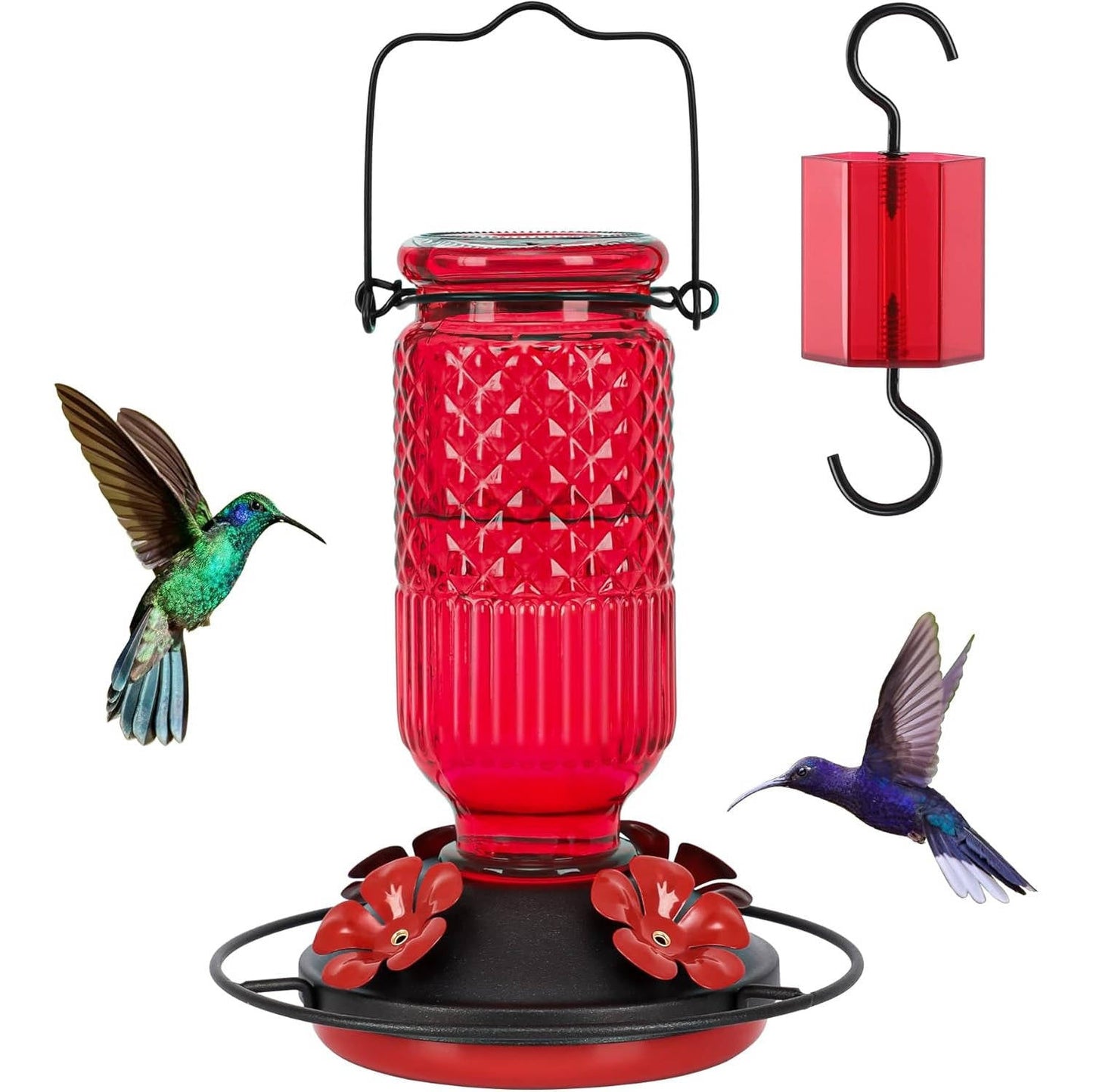Glass Hummingbird Feeder with Bee Guard Ports and Ant Moat, 16 oz