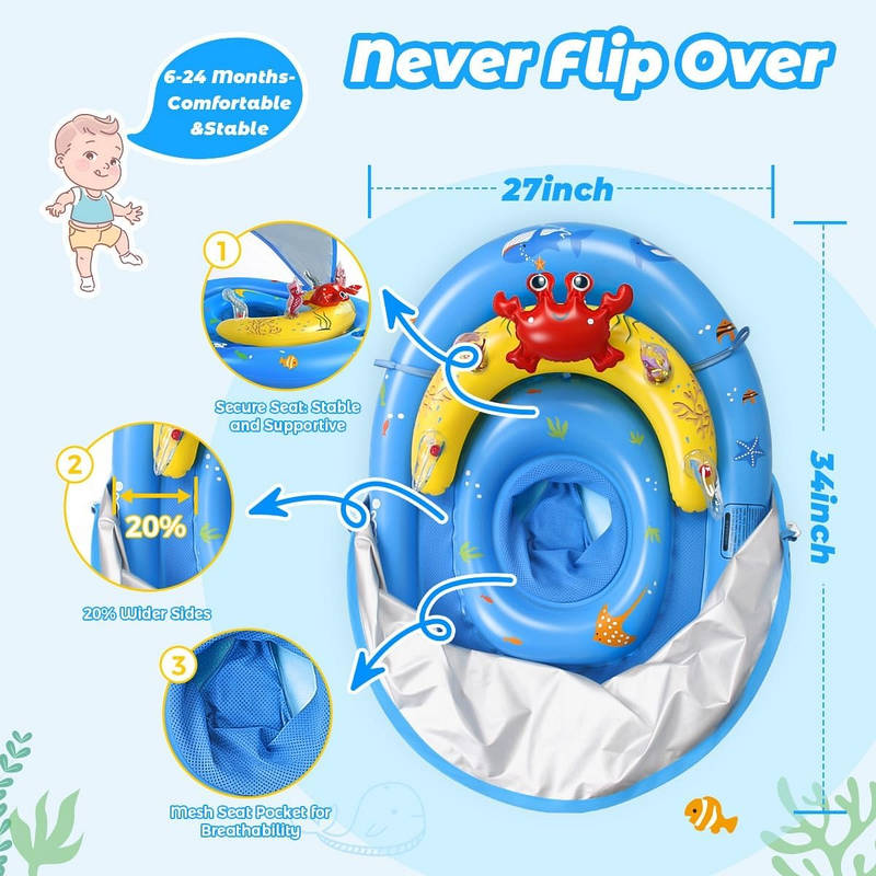 Infant Pool Float with Dual Air Chambers and Adjustable 4-Position Canopy, UPF 50 Sun Protection for 6-36 Months