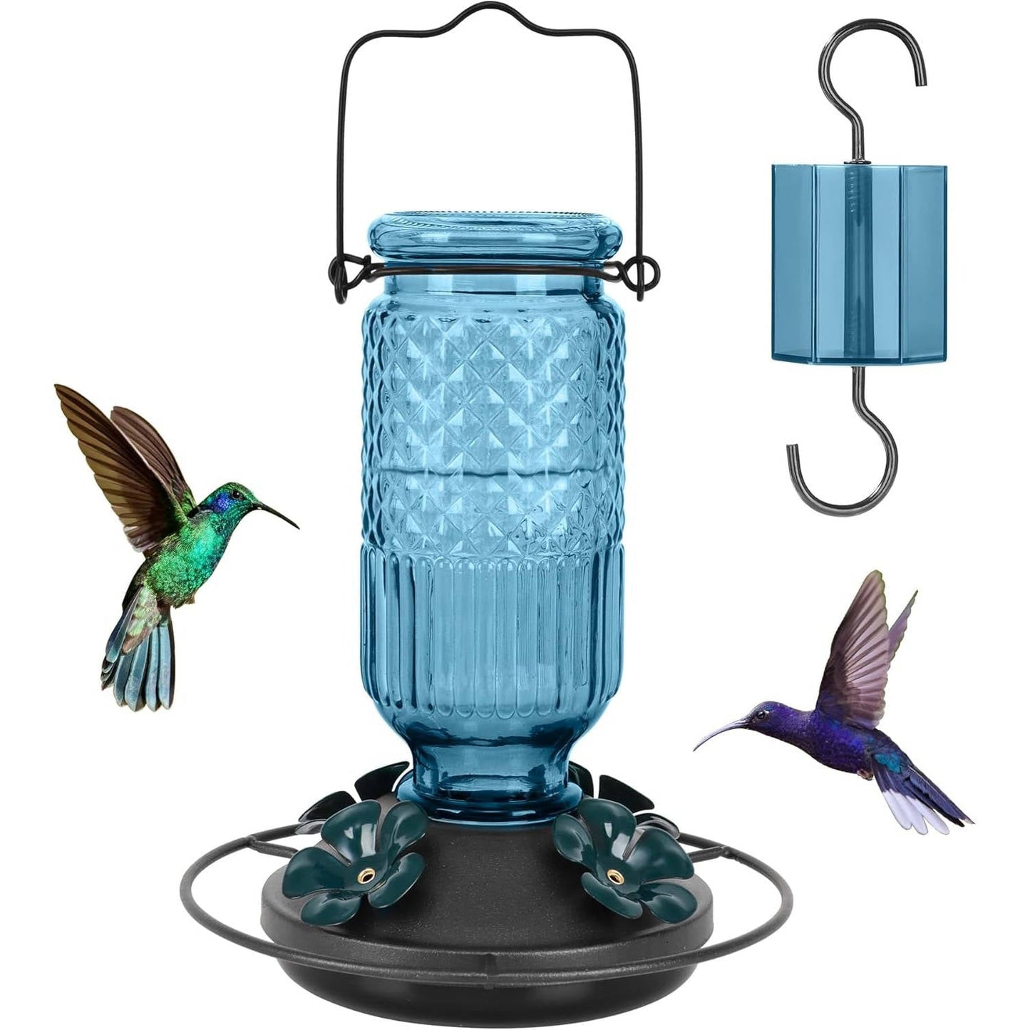 Glass Hummingbird Feeder with Bee Guard Ports and Ant Moat, 16 oz