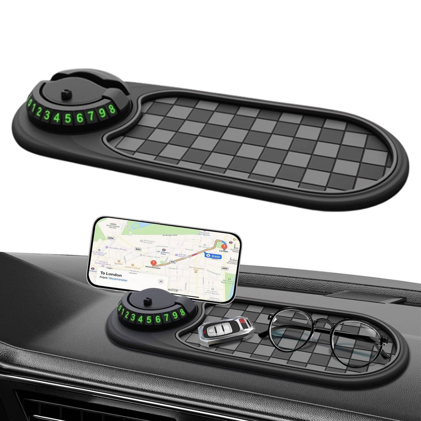 Dashboard Phone Mount with 360-Degree Rotation and Storage Compartments
