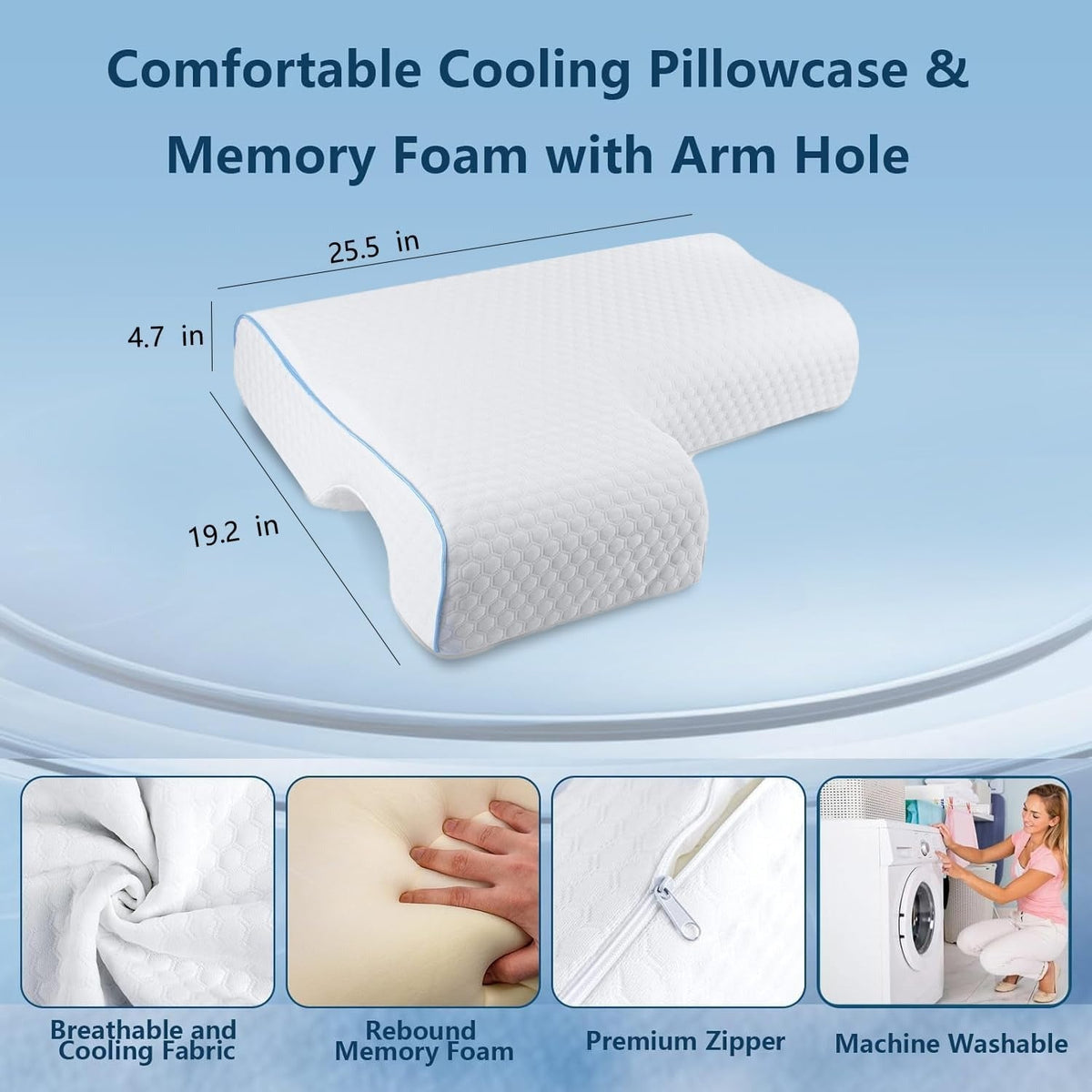 L-Shaped Arm Tunnel Pillow with Memory Foam and Breathable Knit Cover, Machine Washable