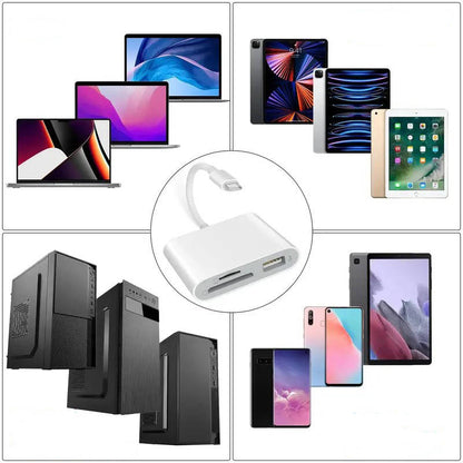 Dual Slot SD Card Reader with Lightning Connector and USB A Port for iPhone iPad