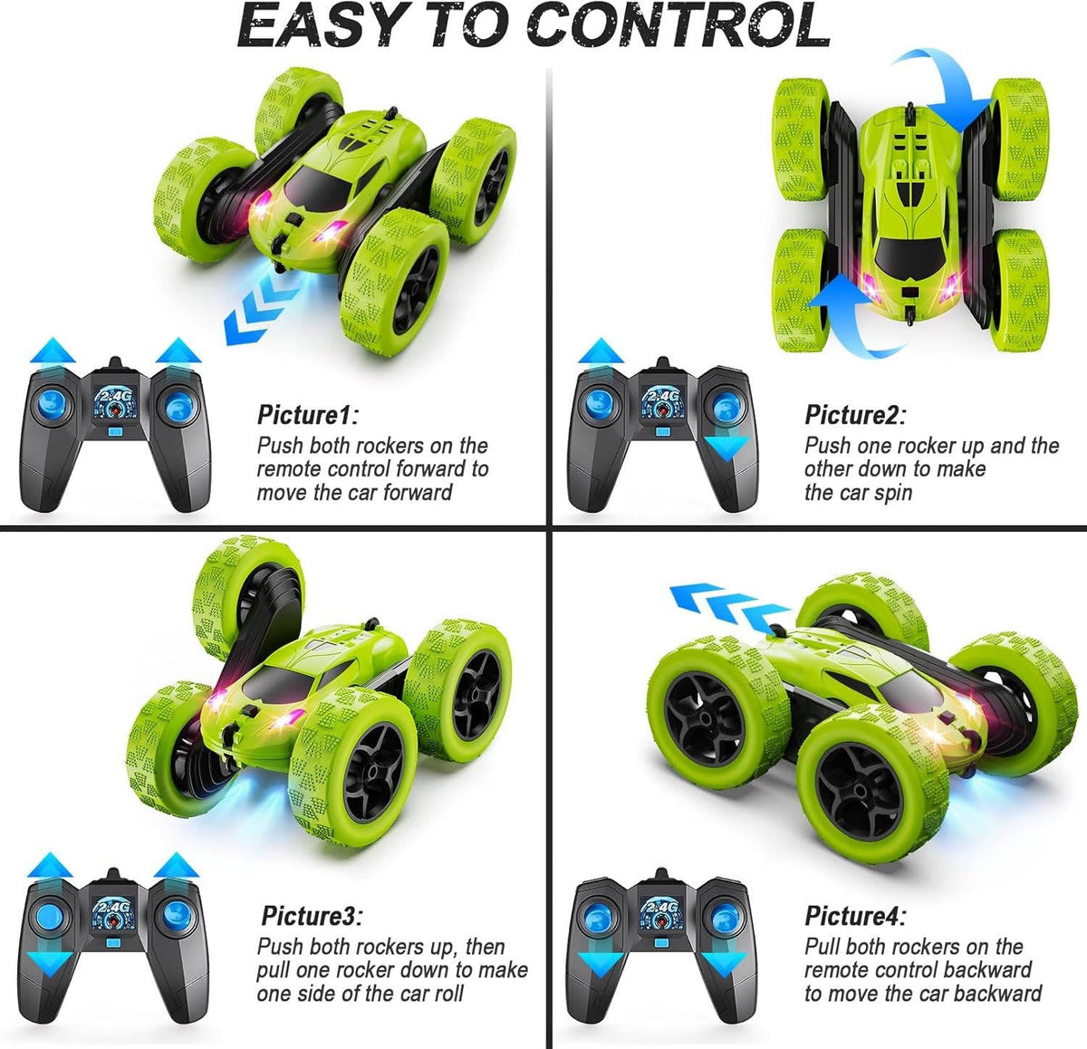 4WD RC Stunt Car with 9 Trick Moves and 90-Minute Battery, LED Headlights for Kids Age 6 Plus