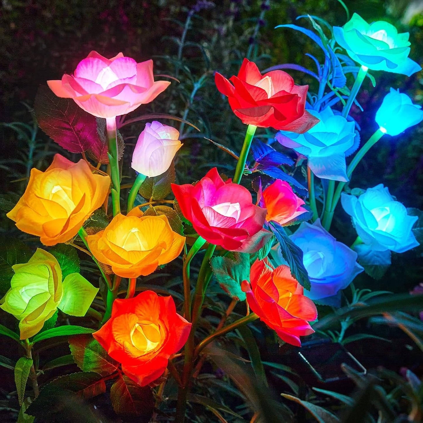 Solar Rose Pathway Lights with 7-Color LED and Automatic Dusk Sensor, 15 Flowers
