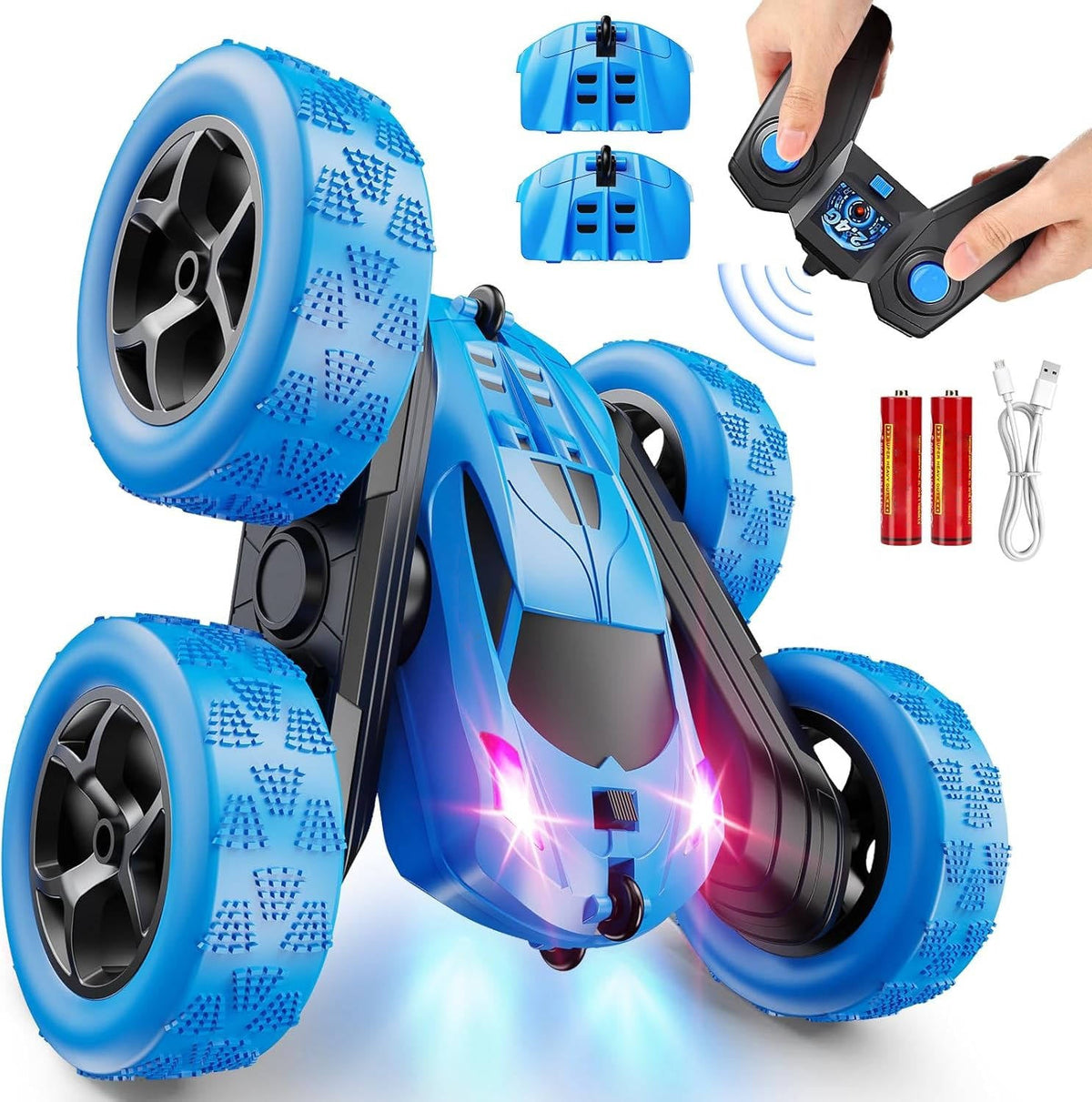 4WD RC Stunt Car with 9 Trick Moves and 90-Minute Battery, LED Headlights for Kids Age 6 Plus