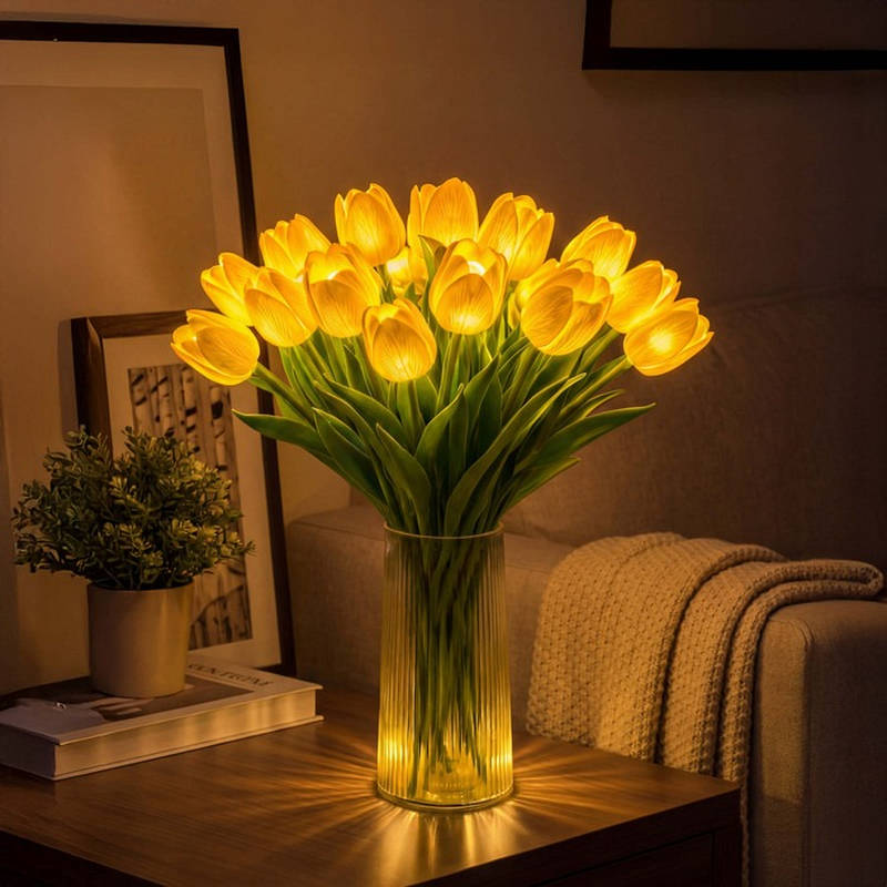 Artificial Tulip Bouquet Night Light with Warm White LED and Real Touch Petals, Battery Operated