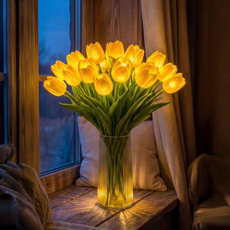 Artificial Tulip Bouquet Night Light with Warm White LED and Real Touch Petals, Battery Operated