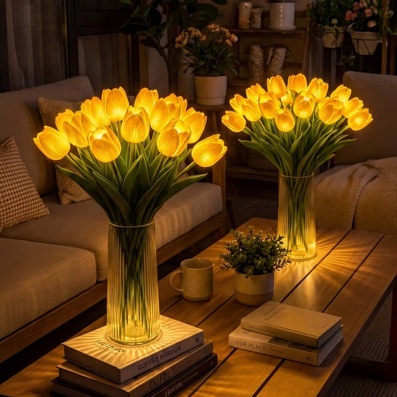Artificial Tulip Bouquet Night Light with Warm White LED and Real Touch Petals, Battery Operated