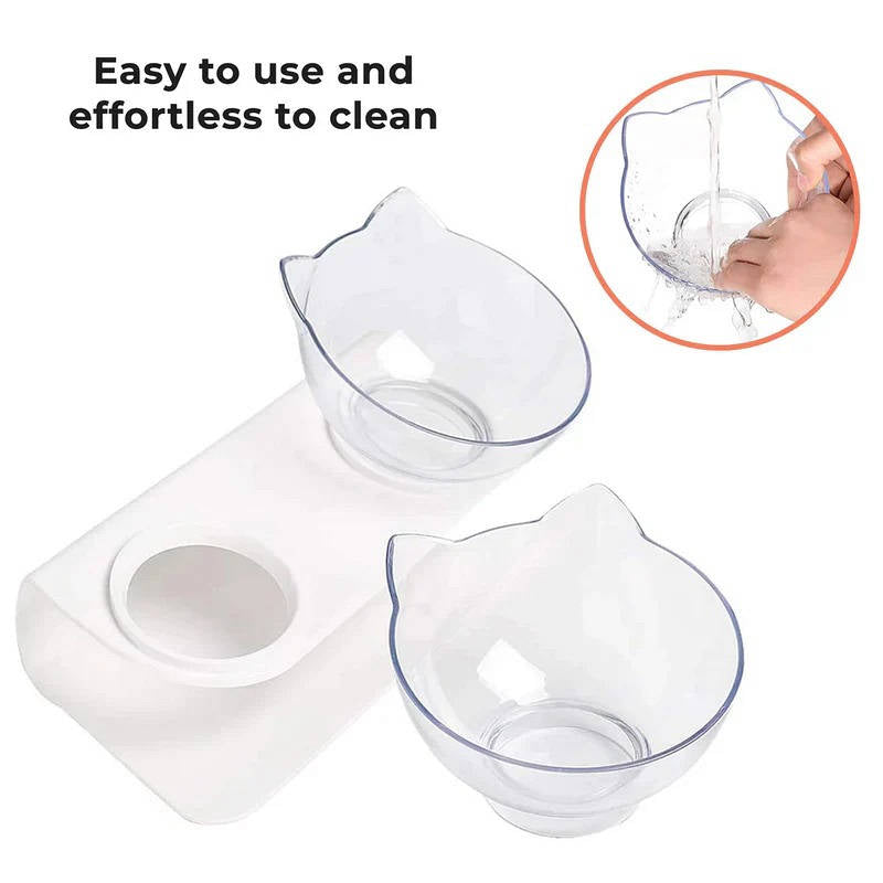 Elevated Cat Bowl with 15 Degree Tilt and Dual Transparent Dishes, Anti Slip Base