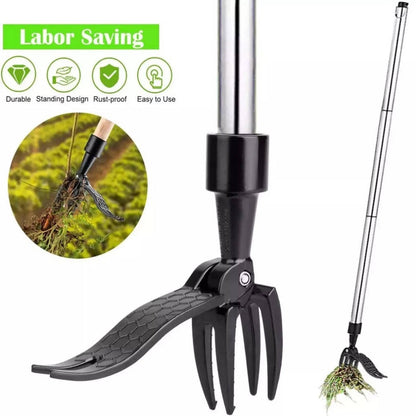 Long Handle Weed Puller with Four Steel Claws and Foot Pedal, Bamboo Handle