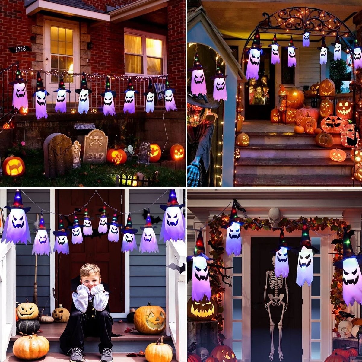 Multicolor Ghost String Lights with 5 Witch Hat Figures and 3 Flash Modes, 9.8 Feet