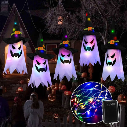 Multicolor Ghost String Lights with 5 Witch Hat Figures and 3 Flash Modes, 9.8 Feet