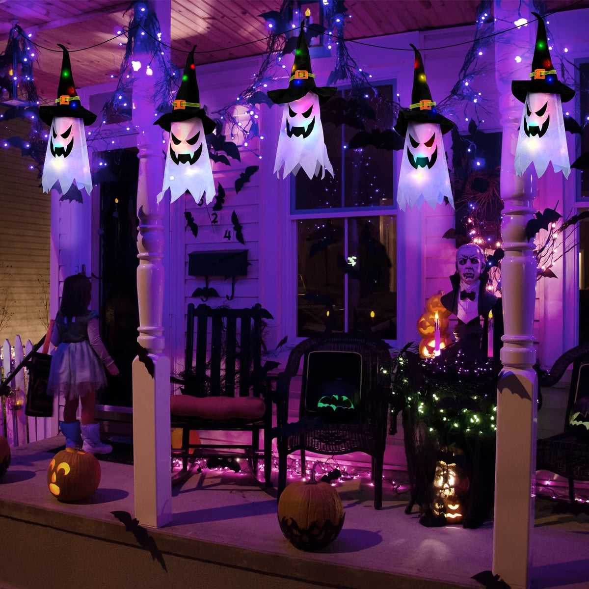 Multicolor Ghost String Lights with 5 Witch Hat Figures and 3 Flash Modes, 9.8 Feet
