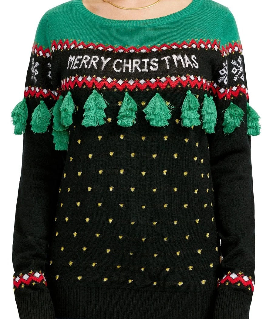 Plus Size Christmas Tree Sweater with Hanging Green and Red Tassels, XL-5XL