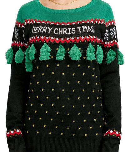 Plus Size Christmas Tree Sweater with Hanging Green and Red Tassels, XL-5XL