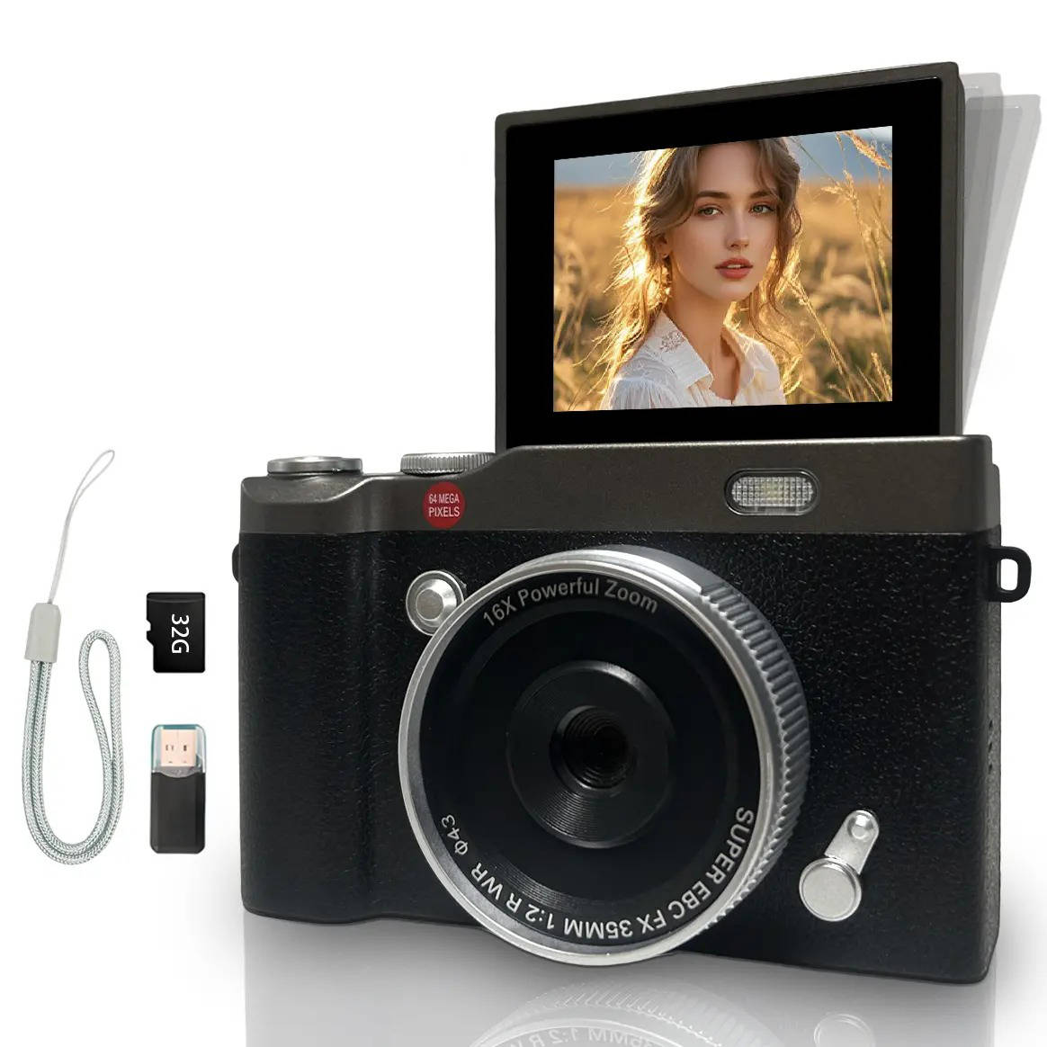 Digital Camera with 180 Degree Flip Screen and Auto Focus for Selfies, 64MP Resolution