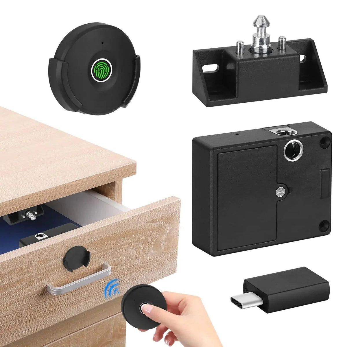 Fingerprint Cabinet Lock with USB Backup Key and 33ft Wireless Range, No Drill Installation
